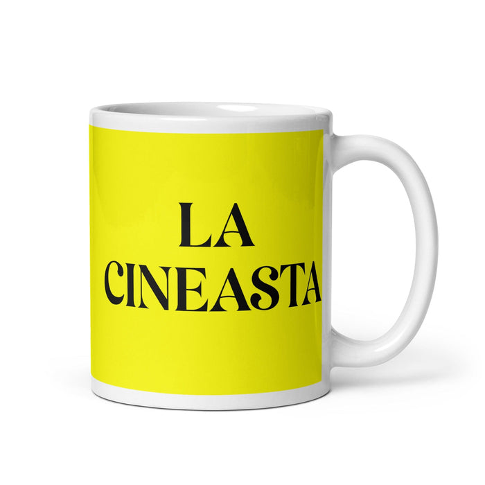 La Cineasta The Filmmaker Funny Home Office Work Coffee Mug Mexican Spanish Pride Gift White Glossy Cup Yellow Card Mug Mexicada 11 oz