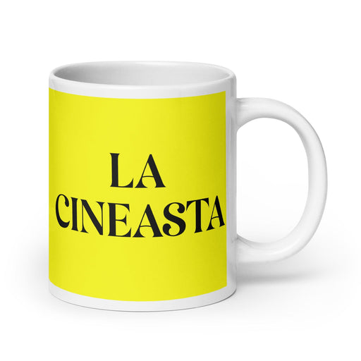 La Cineasta The Filmmaker Funny Home Office Work Coffee Mug Mexican Spanish Pride Gift White Glossy Cup Yellow Card Mug Mexicada 20 oz