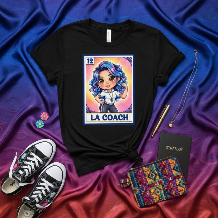 LA COACH Loteria Card T-Shirt, Cute Chibi Latina Woman Coach Design, Mexican Bingo Style Graphic Tee, Unisex Fitness Motivation Shirt Gift Mexicada