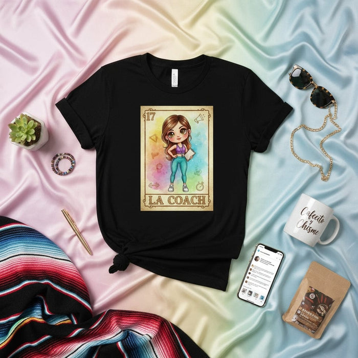 LA COACH Loteria Card T-Shirt, Cute Fitness Coach Merch Tee, Latina Gym Trainer Gift, Mexican Bingo Style Graphic Shirt for Women, Funny Workout Top for Health & Wellness Professionals Mexicada