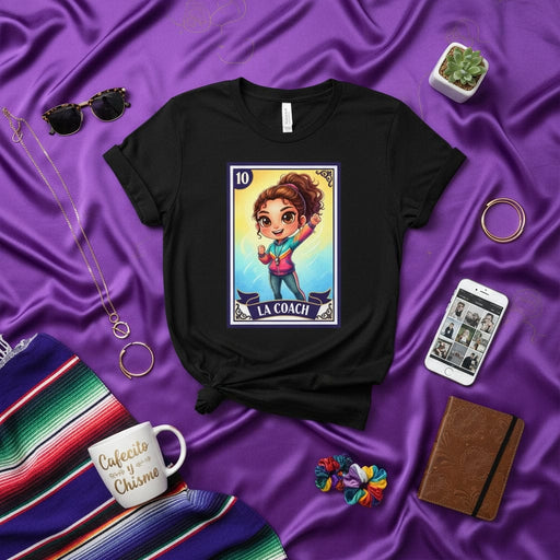 La Coach Loteria Card T-Shirt, Cute Latina Coach Mexican Bingo Game Art, Women's Empowerment Fitness Tee, Hispanic Culture Gift, Unisex Black Shirt Mexicada