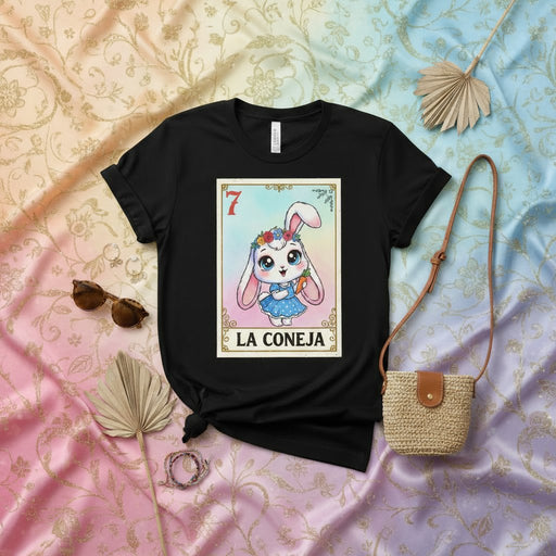 LA CONEJA Cute Bunny Rabbit Lotería Card T-Shirt Kawaii Floral Crown Mexican Bingo Game Apparel Unisex Graphic Tee Gift Idea Mexicada