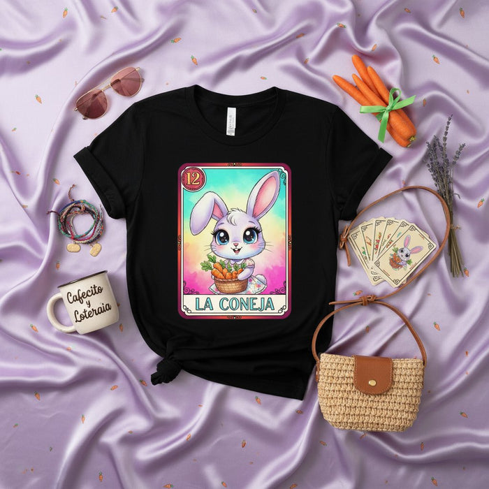 LA CONEJA Cute Bunny Rabbit Loteria Card T-Shirt, Mexican Bingo Game Art, Colorful Kawaii Animal Graphic Tee, Unisex Easter Gift Shirt Mexicada