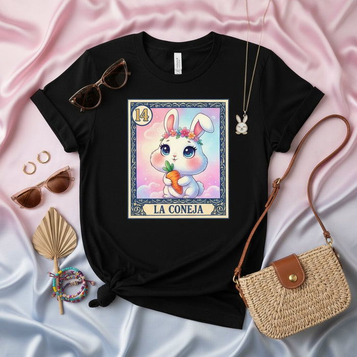 LA CONEJA Cute Bunny Rabbit Lotería Card T-Shirt | Number 14 La Coneja with Carrot and Flower Crown Graphic Tee | Unisex Mexican Bingo Game Inspired Apparel Gift Mexicada
