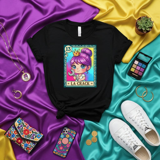 LA CRACK Cute Kawaii Girl Mechanic Loteria Card Design Unisex T-Shirt - Number 13 Latina Gift Tee for Engineers and Tech Apprentices Mexicada