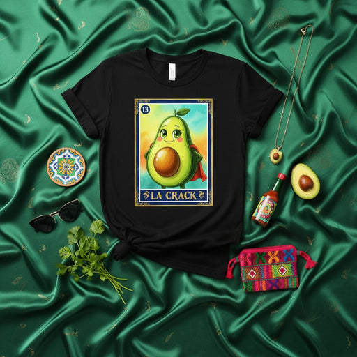 LA CRACK Loteria Card Avocado T-Shirt, Cute Superhero Fruit Art, Mexican Bingo Game Style Graphic Tee, Funny Gift for Guacamole Lovers, Unisex Apparel Mexicada