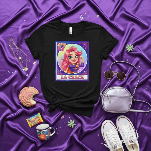 LA CRACK Mexican Loteria Card Graphic T-Shirt Superhero Girl Design, Cute Pink Hair Woman Modern La Lotería Game Inspired Unisex Tee, Number 17 El Crack Style Gift Mexicada