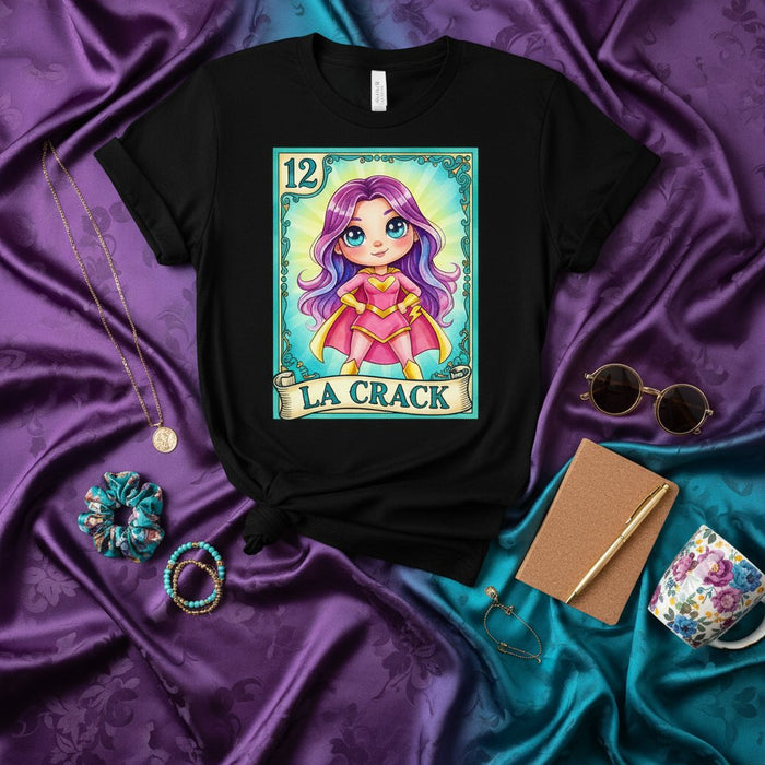 LA CRACK Superhero Girl Loteria Card T-Shirt, Cute Comic Book Style Latina Heroine Tee, Number 12 Mexican Bingo Game Inspired Unisex Graphic Shirt Mexicada