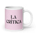 La Crítica The Critic Funny Home Office Work Coffee Mug Mexican Spanish Pride Gift White Glossy Cup Light Pink Card Mug Mexicada 20 oz