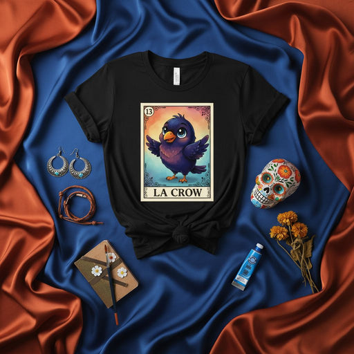LA CROW Cute Baby Crow Loteria Card T-Shirt, Funny Calavera Sugar Skull Day of the Dead Mexican Bingo Game Inspired Unisex Graphic Tee, Number 13 Artwork Apparel Gift Mexicada