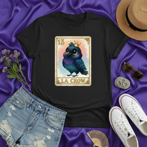 LA CROW Cute Baby Crow with Crown Loteria Card T-Shirt, Spooky Gothic Bird Art, Mexican Bingo Inspired Design, Unisex Graphic Tee, Number 13, Unique Gift Idea Mexicada