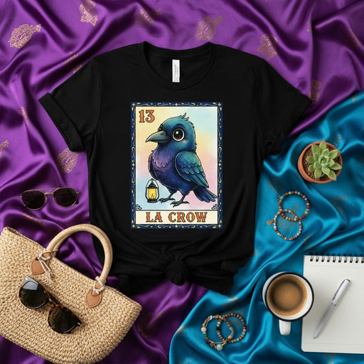 LA CROW Cute Blue Raven Bird Loteria Card T-Shirt Unisex Graphic Tee, Number 13 Mexican Bingo Game Inspired Gothic Crow Shirt, Lantern Illustration Apparel Gift Mexicada