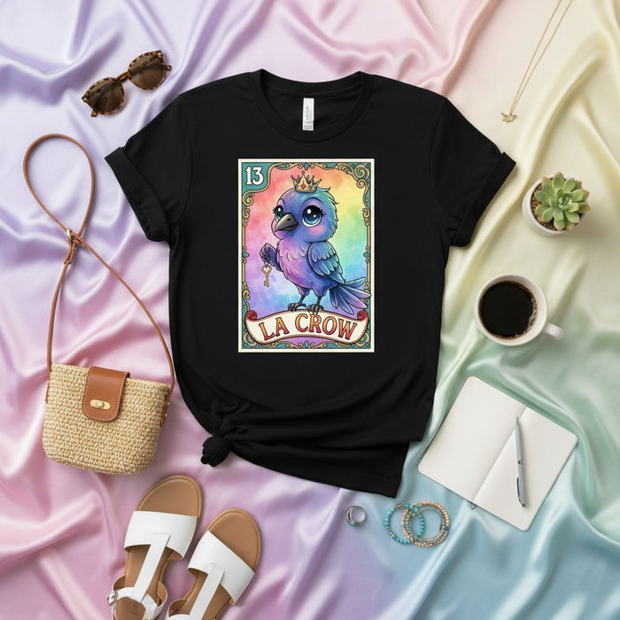 LA CROW Cute Rainbow Crow Lotería Card 13 Unisex T-Shirt - Mystical Bird Design, Mexican Bingo Style Graphic Tee, Fantasy Art Apparel Gift Mexicada