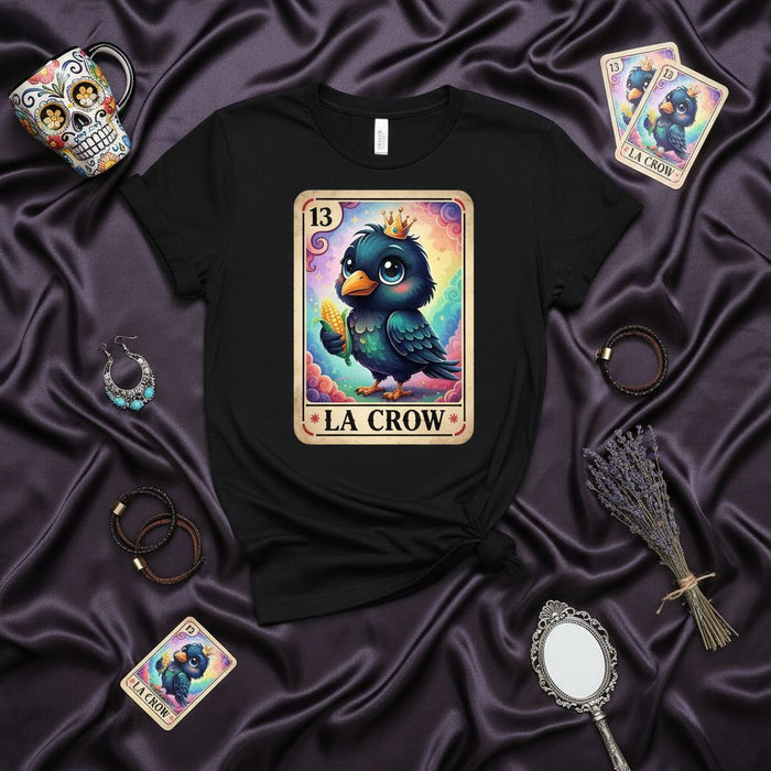 LA CROW Cute Rainbow Crow with Crown and Corn Loteria Card Unisex T-Shirt - Lucky Number 13 Mexican Bingo Game Inspired Graphic Tee Mexicada