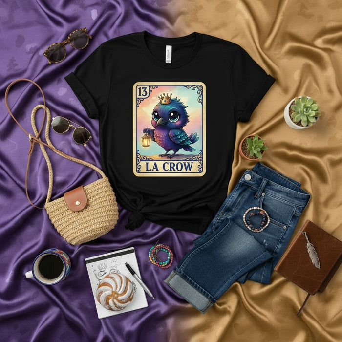 LA CROW Loteria Card 13 T-Shirt: Cute Cartoon Crow with Crown and Lantern Unisex Graphic Tee, Dark Academia Mystical Bird Artwork Top Mexicada