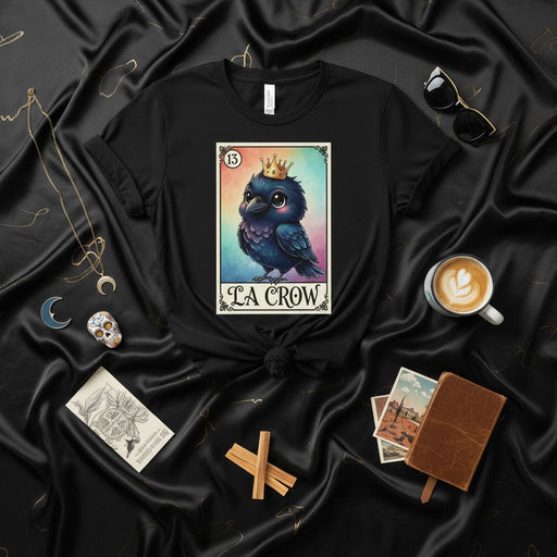 LA CROW Loteria Card T-Shirt, Cute Black Crow in Crown Graphic Tee, Number 13 Mexican Bingo Style Artwork, Magical Witchy Celestial Apparel, Unisex Gift Idea Mexicada