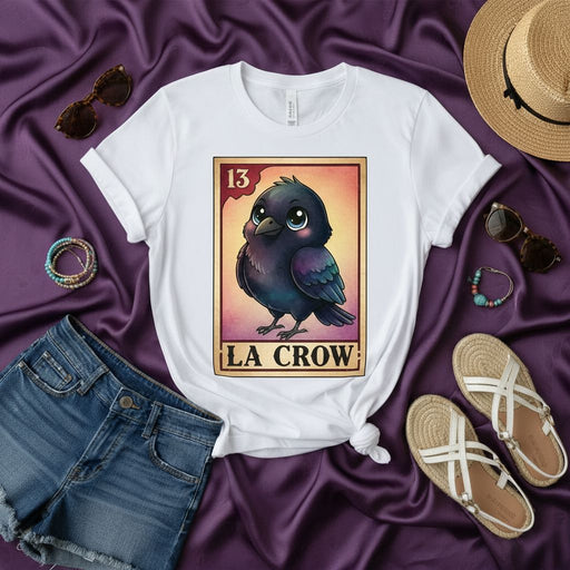LA CROW Loteria Card T-Shirt Cute Kawaii Raven Bird Graphic Tee Unisex Mexican Bingo Style Shirt Number 13 Short Sleeve Crewneck Top for Men and Women, Fun Cultural Game Day Apparel Gift Idea Mexicada