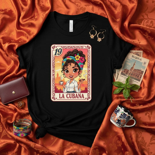 LA CUBANA La Lotería Card T-Shirt, Cute Cartoon Cuban Woman with Cigar & Coffee Graphic Tee, Unisex Black Shirt, Unique Latinx Culture Gift Idea Mexicada