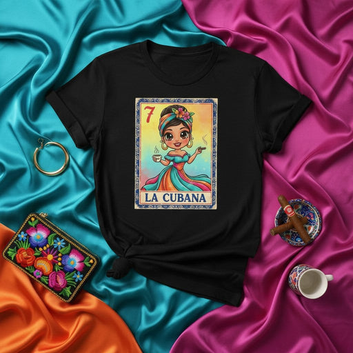 La Cubana Latina Loteria Card T-Shirt: Cuban Woman Coffee & Cigar Graphic Tee, Number 7, Colorful Folkloric Dress, Vibrant Mexican Game Art, Unisex Style Mexicada