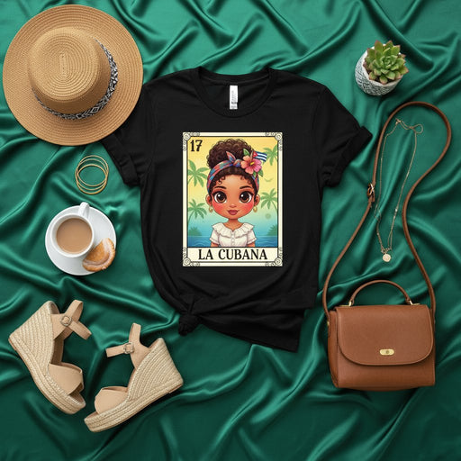 LA CUBANA Loteria Card T-Shirt: Cuban Girl Cartoon Art Print, Number 17, Beach Background, Floral Headband, Unisex Graphic Tee Gift for Cuban Pride and Culture Fans Mexicada