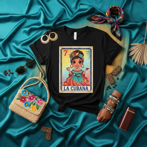 LA CUBANA Loteria Card T-Shirt: Cuban Girl with Coffee Latina Heritage Tee, Cute Traditional Art Print, Unisex Hispanic Culture Gift Shirt Mexicada