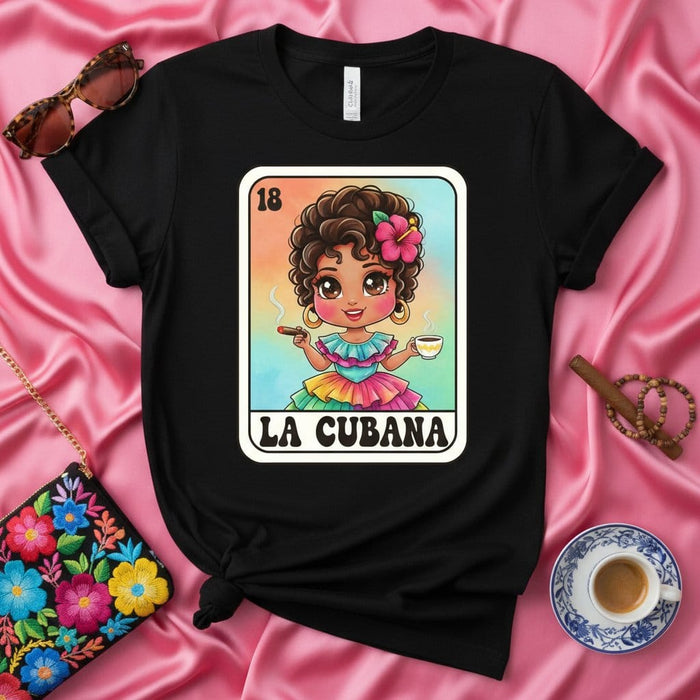 LA CUBANA Loteria Card T-Shirt, Cute Cuban Girl Design, Unique Latina Graphic Tee, Vintage Bingo Game Style Shirt, Women's Caribbean Heritage Top Mexicada