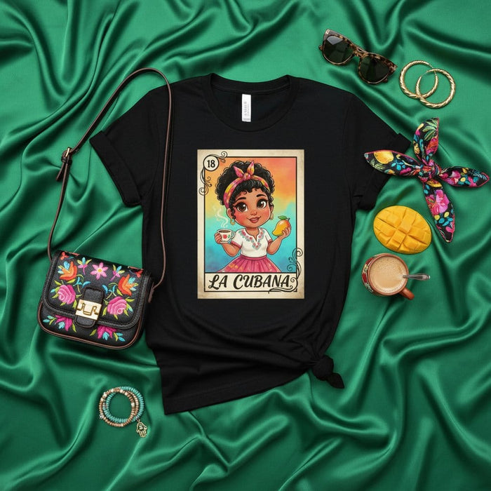 LA CUBANA Loteria Card T-Shirt, Cute Cuban Girl Drinking Coffee and Holding Mango Graphic Tee, Black Unisex Shirt, Hispanic Heritage Apparel and Gifts Mexicada