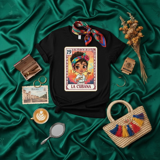 LA CUBANA Loteria Card T-Shirt, Cute Cuban Woman Coffee Shirt, Number 19 La Cubana Graphic Tee, Latinx Heritage Cuban Pride Gift, Vintage Mexican Bingo Style Game Card Design Unisex Top Mexicada