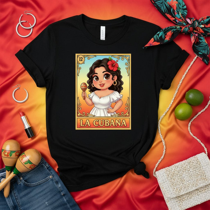 LA CUBANA Loteria Card T-Shirt: Woman with Maraca, Latina Culture Graphic Tee, Traditional Mexican Game Style Unisex Shirt, Cuba Heritage Gift Idea Mexicada