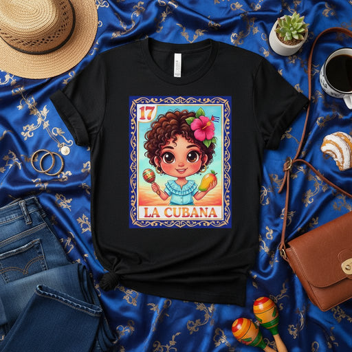 LA CUBANA T-Shirt, Cute Curly Hair Girl with Maracas and Mango, Hispanic Latina Lotería Card 17 Graphic Tee, Cuban Heritage Gift for Women Men Mexicada