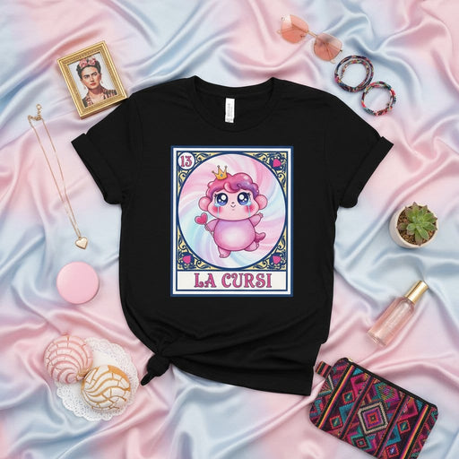 LA CURSI Loteria Card Shirt, Cute Pink Fluffy Creature Crown Heart, Kawaii Aesthetic Mexican Bingo Game Tee, Unisex T-Shirt Gift Mexicada
