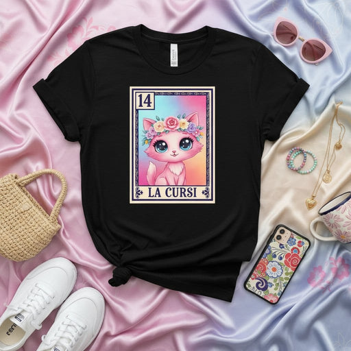 LA CURSI Pink Kitty Cat Floral Crown Loteria Card T-Shirt | Cute Mexican Bingo Style Graphic Tee for Women & Men, Gifts for Cat Lovers, Kawaii Pastel Aesthetic Shirt, Number 14 Design Mexicada
