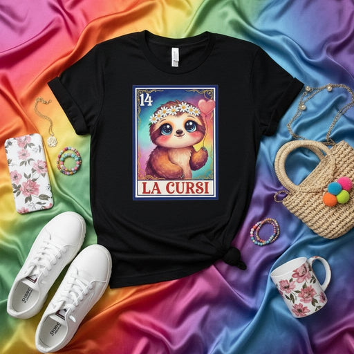 LA CURSI Sloth Loteria Card T-Shirt - Cute Cartoon Sloth with Flower Crown and Heart Balloon, Unisex Graphic Tee, Number 14 Design Gift Idea Mexicada