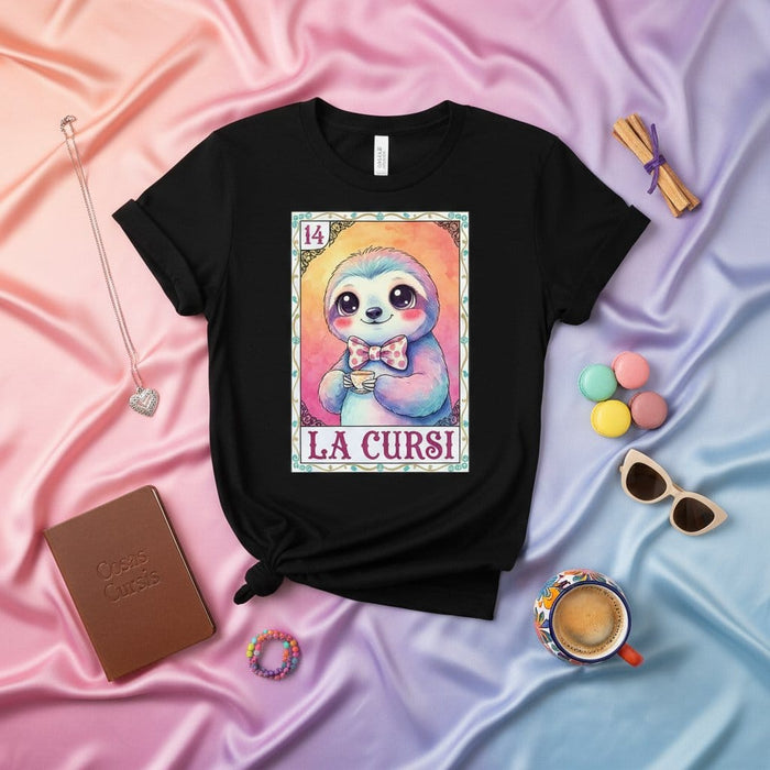 LA CURSI Sloth Lotería Card T-Shirt, Cute Kawaii Sloth Holding Coffee Mug, Unisex Black Graphic Tee, Funny Mexican Bingo Style Design Gift Mexicada