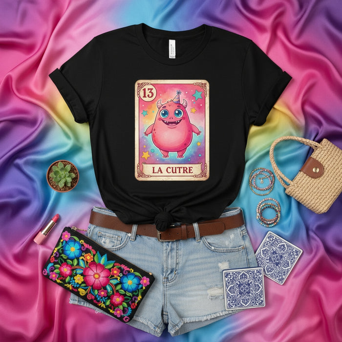 LA CUTRE Loteria Card T-Shirt, Cute Pink Monster Birthday Party Unisex Tee, Funny Mexican Bingo Game Design, Number 13 Shirt Gift for Him Her Mexicada
