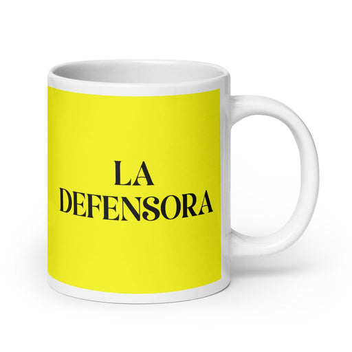 La Defensora The Advocate Funny Home Office Work Coffee Mug Mexican Spanish Pride Gift White Glossy Cup Yellow Card Mug Mexicada 20 oz