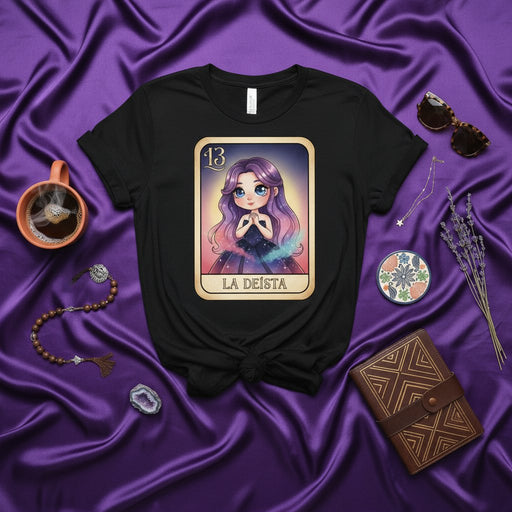 LA DEISTA Cute Chibi Girl with Galaxy Hair Loteria Card Tee, Number 13 Mexican Bingo Inspired Graphic T-Shirt, Celestial Goddess Style Unisex Apparel Gift Mexicada