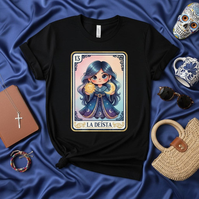 La Deísta Cute Kawaii La Luna El Sol Loteria Card T-Shirt, Mexican Bingo Game Day Tee, Spanish Culture Deist Goddess Art Shirt, Mystical Spiritual Zodiac Sign Gift for Women and Girls Mexicada