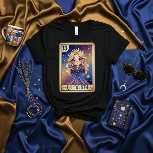 LA DEÍSTA La Loteria Card 13 T-Shirt Celestial Goddess Tarot Inspired Design Aesthetic Apparel for Men & Women, Mystical Cute Art Tee, Spanish Game Card Shirt, Moon Stars Galaxy Oracle Fashion Gift Mexicada