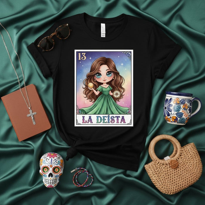 LA DEÍSTA La Loteria Card T-Shirt, Cute Girl in Green Dress, Mexican Bingo Game Inspired, Boho Mystical Witchy Celestial Graphic Tee, Number 13, Unisex Gift Idea Mexicada