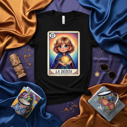 LA DEÍSTA Loteria Card T-Shirt, Cute The Deist Tarot Card Style Graphic Tee, Magical Cartoon Character Design, Mexican Card Game Inspired Unisex Shirt Mexicada