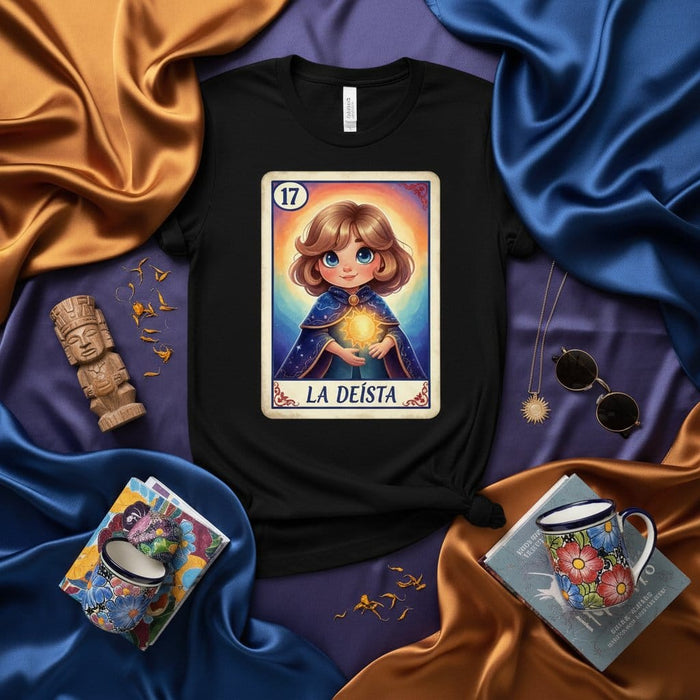 LA DEÍSTA Loteria Card T-Shirt, Cute The Deist Tarot Card Style Graphic Tee, Magical Cartoon Character Design, Mexican Card Game Inspired Unisex Shirt Mexicada