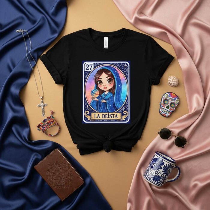 LA DEISTA Lotería Card T-Shirt, Deist Goddess Design, Latina Religious Folk Art Style Graphic Tee, Virgin Mary Inspired Mexican Bingo Game Shirt Mexicada