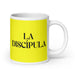 La Discípula The Disciple Funny Home Office Work Coffee Mug Mexican Spanish Pride Gift White Glossy Cup Yellow Card Mug Mexicada 20 oz