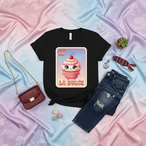 LA DULCE Cute Cupcake Loteria Card T-Shirt, Number 17 Mexican Bingo Game Tee, Sweet Dessert Graphic Shirt, Kawaii Art Unisex Apparel Gift Idea Mexicada