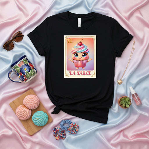 LA DULCE Cute Cupcake Loteria Card T-Shirt, Pastel Colors Mexican Bingo Game, Kawaii Dessert Tee, Unisex Graphic Shirt, Novelty Sweet Treat Gift Mexicada