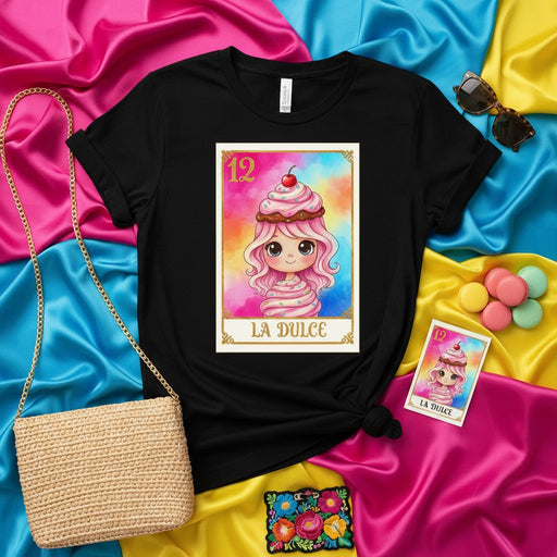 La Dulce Cute Kawaii Cupcake Girl Lotería Card T-Shirt - Number 12 Mexican Bingo Game Design Unisex Tee Top for Women Men and Kids, Sweet Dessert Pink Hair Anime Graphic Aesthetic Apparel Gift Mexicada