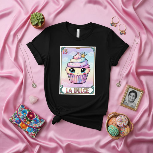 LA DULCE Cute Kawaii Cupcake La Loteria Card T-Shirt Pastel Cloud Sky Mexican Bingo Art Print Unisex Tee Gift Mexicada