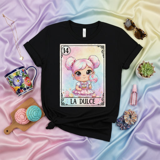 LA DULCE Cute Pastel Kawaii Chibi Girl Lollipop Cupcake Loteria Card T-Shirt, Mexican Bingo Game Inspired Graphic Tee, Number 14 Mexicada