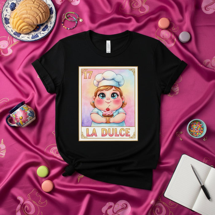 LA DULCE Cute Pastry Chef Baker Girl Loteria Card T-Shirt - Funny Mexican Bingo Game Inspired Unisex Tee Shirt Gift for Dessert Lovers and Sweet Treat Enthusiasts Mexicada